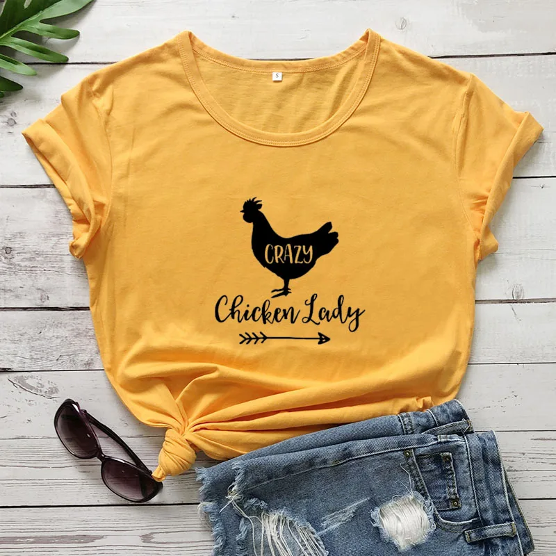 

Crazy Chicken Lady Printed New Arrival Women's Summer Funny Casual Cotton Farmer T-Shirt Mother's Day Gift Country Shirt P363