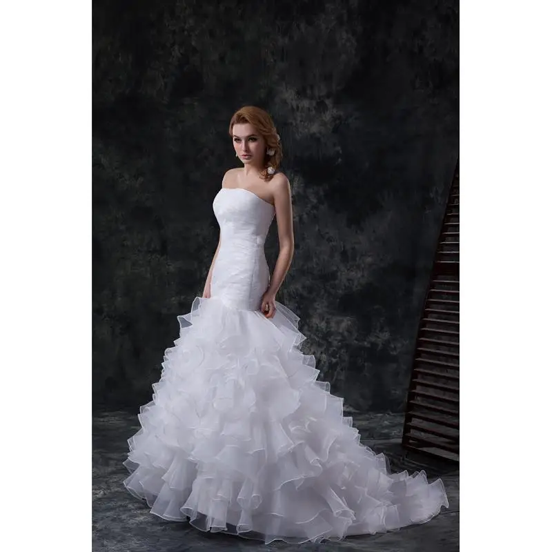 

White Organza Strapless Floor-Length Mermaid/Trumpet Wedding Dresses Chapel Train Custom Made Bridal Gowns