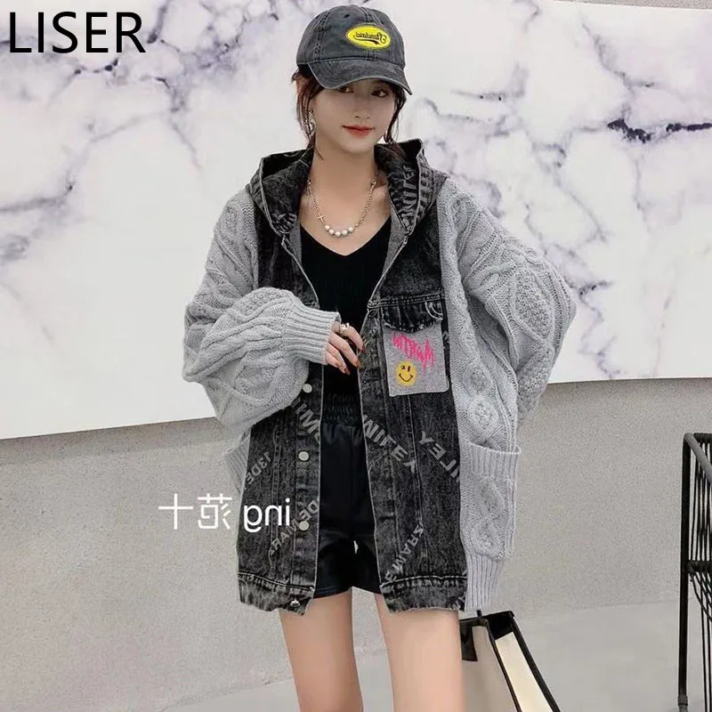 

Autumn Fashion Knitted Stitching Denim Hooded Jacket Women 2021 New Large Size Single Breasted Cardigan Female Jacket LL383