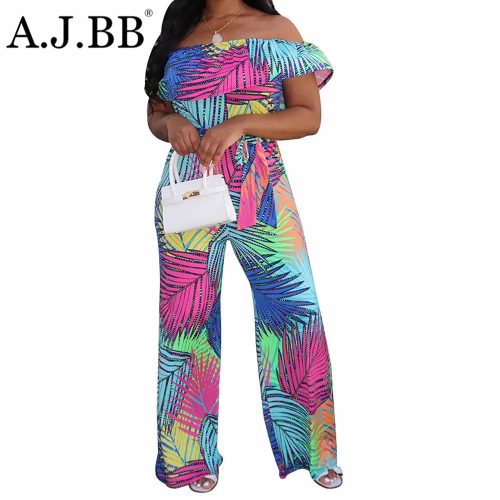 

2021 summer new fashion multi color printing loose Jumpsuit casual off shoulder short sleeve women's shirt pants