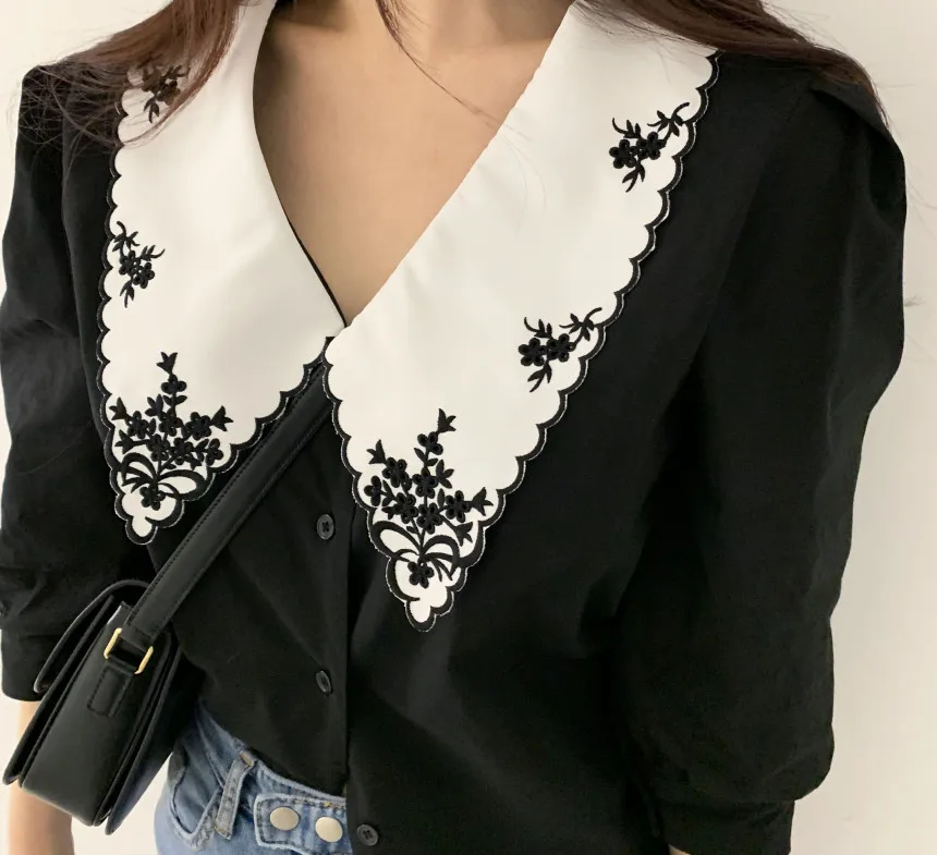

Korean Chic Retro Design Lapel Plus Size Blusas Women Casual Heavy Embroidery Hit Color Single-breasted Loose Puff Sleeve Shirt