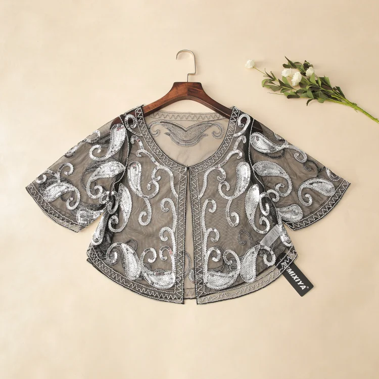 Винтажное женское пончо с вышивкой полурукав открытая строчка блестки сетка и