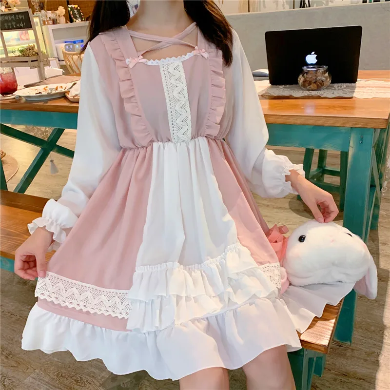 

Japanese Summer Women Lolita Dress Cute Kawaii Cross Neck Hollow Out Pink White Dress Student Ruffles Bow Lace Girl's Dress 2021