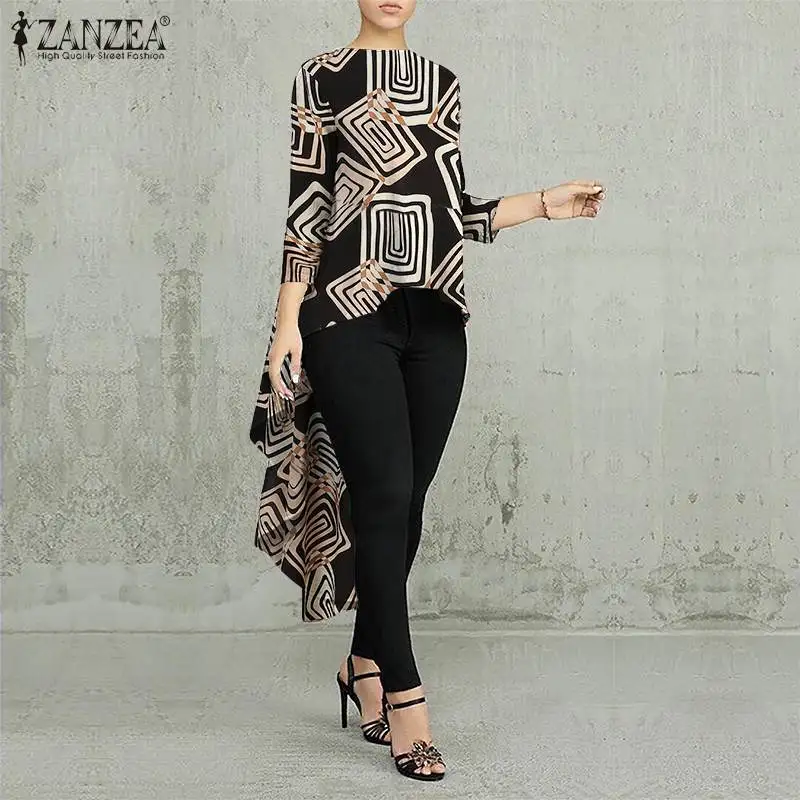 

Женская блузка с круглым вырезом, длинным рукавом и высоким низом, стильная Весенняя рубашка, Blusas Femininas, повседневный топ с принтом, Irregualr