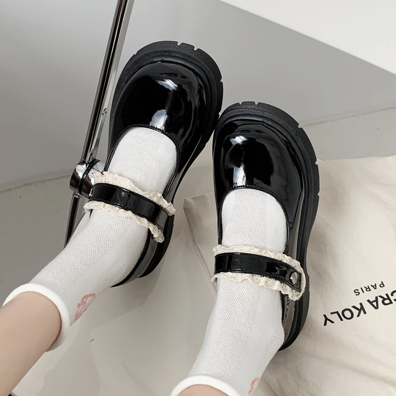

Rimocy 2021 Black Patent Leather Shoes Women College Student Lace JK Uniform Lolita Shoes Woman Platform Ankle Strap Mary Janes