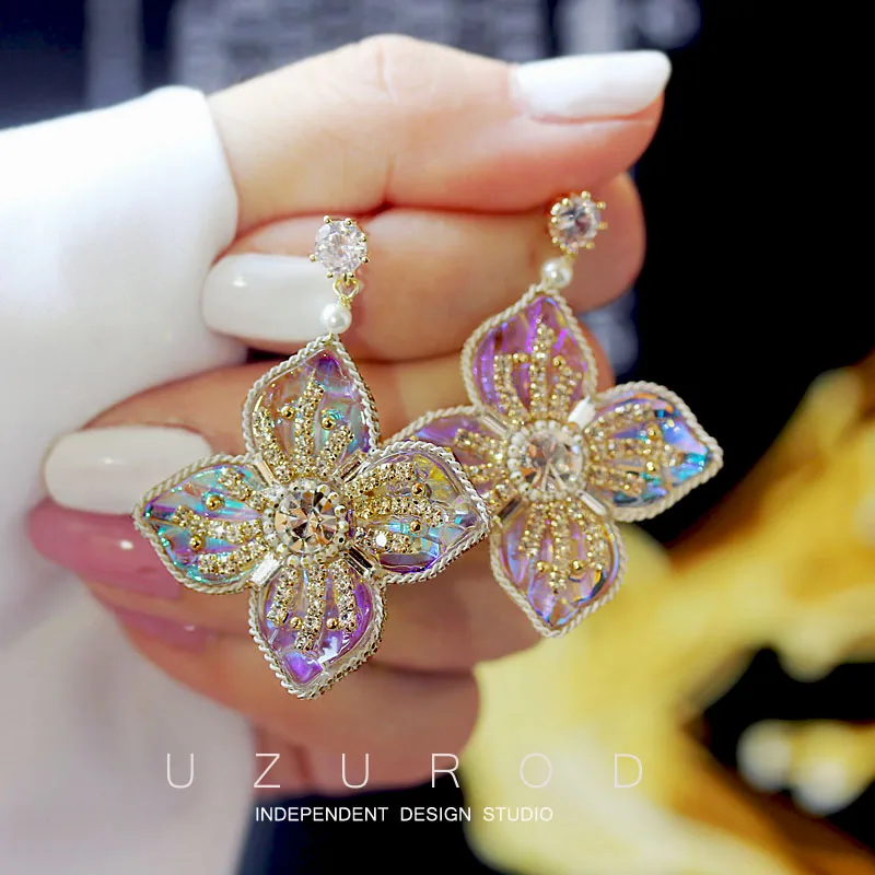 

Fashion Dazzling Iridescence Big Colorful flower Long Drop earrings Women Gorgeous Party Jewelry Performance costume accessories