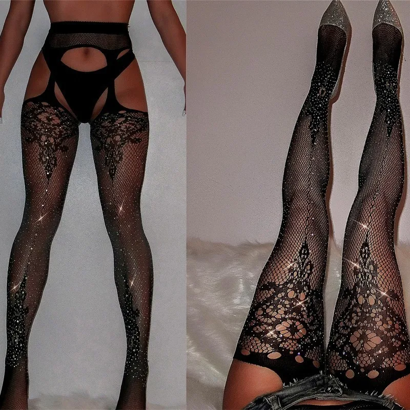 

Women Stcokings Open Crotch Rhinestone Fishnet Pantyhose Medias De Mujer Collant Femme Lenceria Transparent Glitter SW301