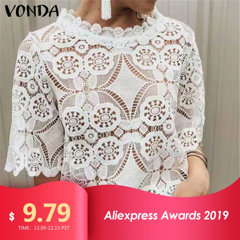 Женские рубашки, женские блузки и топы,, VONDA, Модные женские сексуальные кружевные блузы, женские офисные топы с круглым вырезом, открытая туника