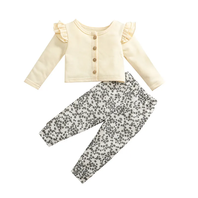 

Комплект из двух предметов для маленьких девочек, однотонный осенний однобортный Кардиган с длинным рукавом и круглым вырезом и брюки с цве...