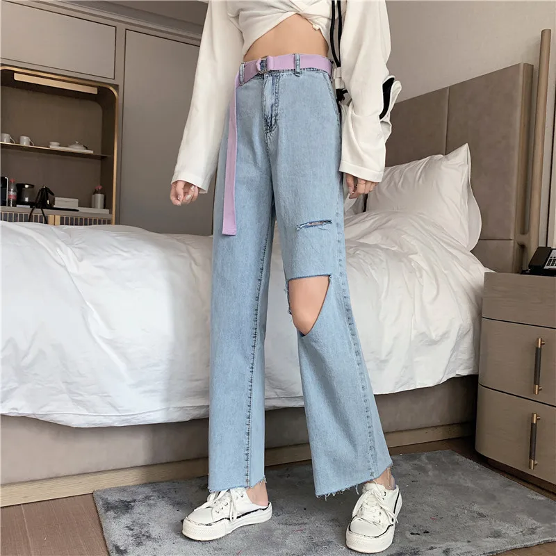 

Женские рваные джинсы Alien Kitty, повседневные Прямые брюки полной длины с высокой талией и потертостями, осень 2021