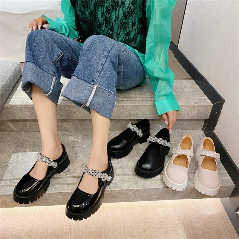 

Mary Janes Shoes PU Oxford Shoes Woman Japanese Vintage Buckle Strap Waterproof Platform Square Heels College Casual Shoes