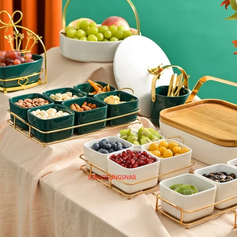 

Creative Separated Fruit Plate Luxury Iron Ceramic Square Plate Dried Fruit Snack Platter Household Tableware Storage Tray