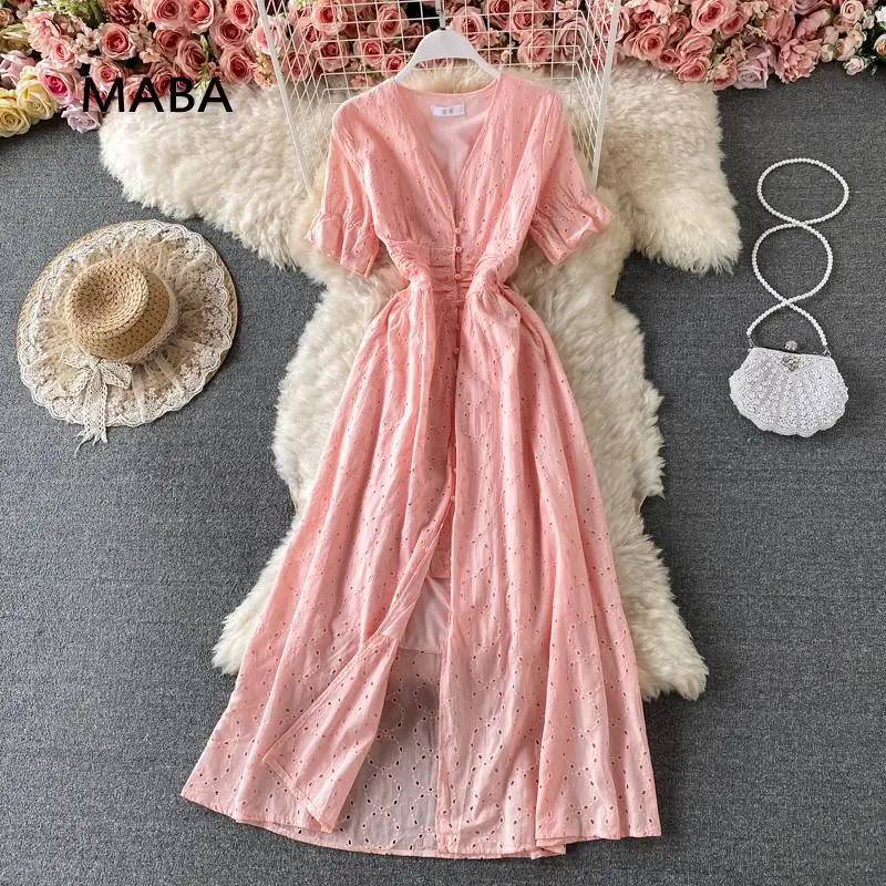 

Cotton dress for Women summer V-neck solid color single breasted pearl button hollow out elegant Vintage Maxi Dress Beach Dress