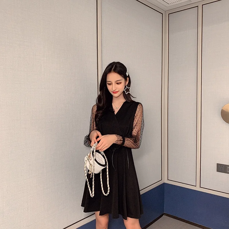 

Women's Party Dress Sexy Mesh Long Sleeve Black Mini Dress Fashion Woman V-neck Dresses