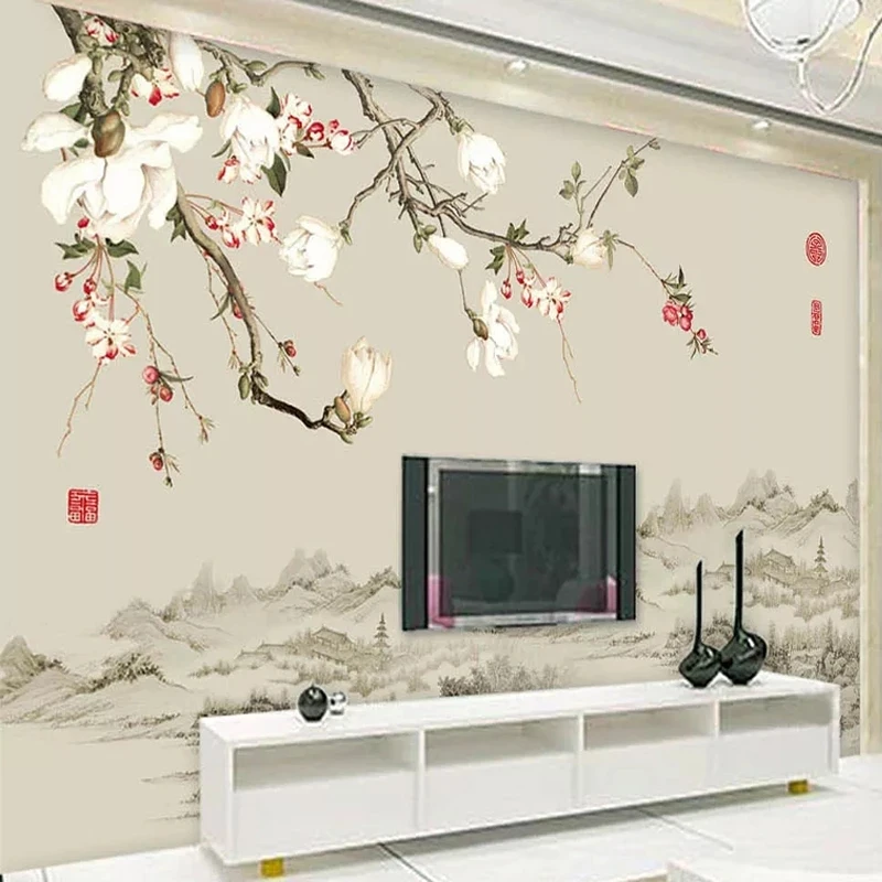 Самоклеящаяся настенная бумага в китайском стиле роспись с цветами птицами