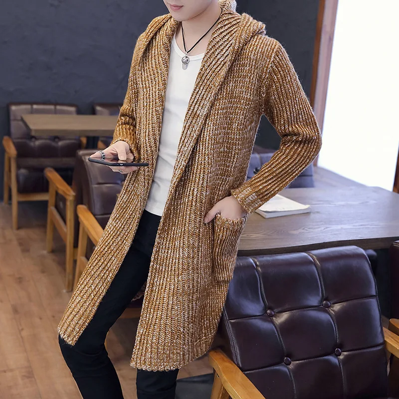 

#5905 Spring Autumn 2021 Long Cardigan Men Knitted Loose Cardigan For Men Long Sleeved With Hooded Kimono Knitwear Man Sweaters