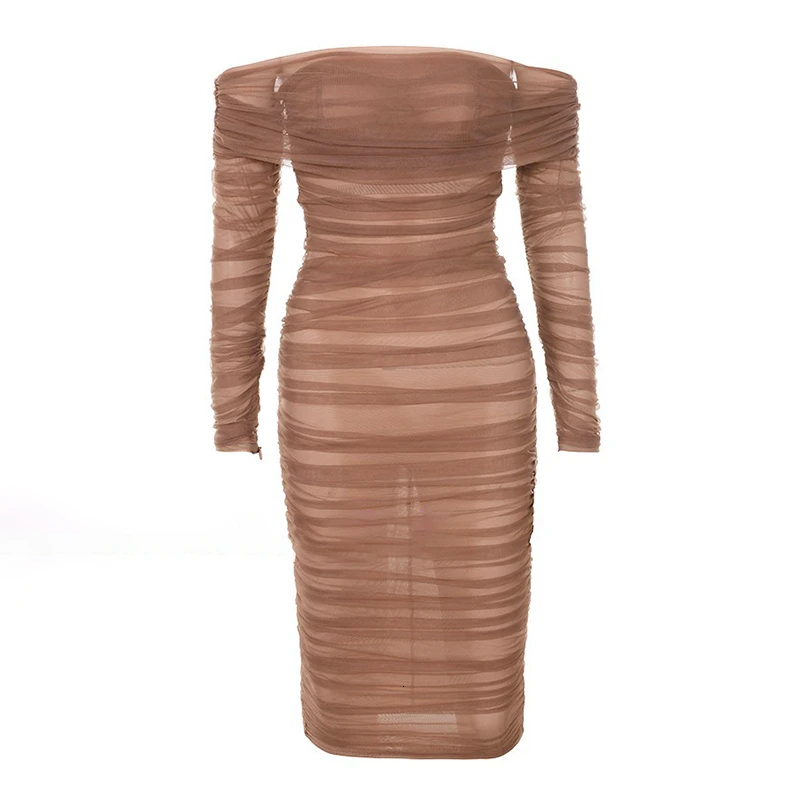 

TWOTWINSTYLE Mesh Sexy Party Dress For Women Slash Neck Long Sleeve High Waist Pencil Dresses Female 2021 Autumn Fashion New