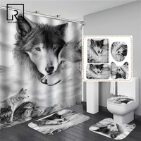 white wolf printed shower curtain set waterproof bathroom decor with anti slip toilet lid cover flannel kitchen mat rug doormat