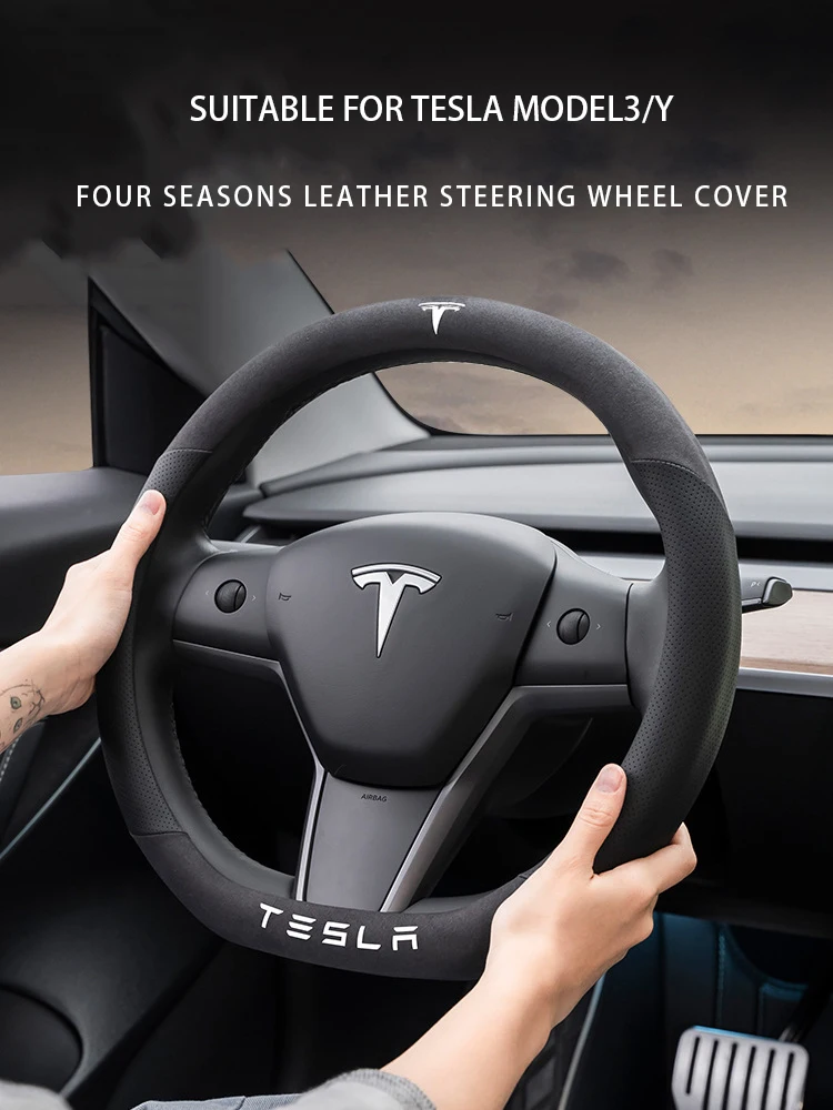 

For Tesla 3d Laser Printing Cow Leather Logo Cover Car Steering Wheel Fit Model 3 Model S Model Y Model X 2019 2020 2021