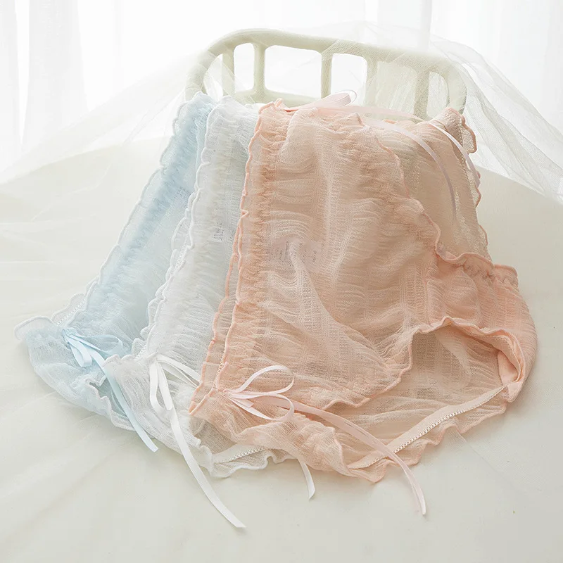 

Women's Cotton Panties Girly Cute Sexy Lace Panties Women's Panties Mid-waist Ribbon Pleated Mesh Panties Cotton Panties-xl