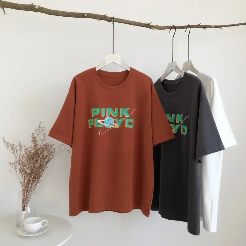 

2021 Letter Print Short-Sleeve T-shirt Women's Spring round Neck Loose Slimming Bottoming Shirt Gray Student Fashion T-shirt