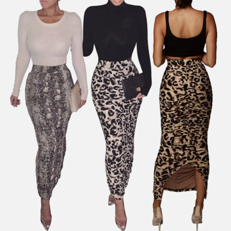 

Leopard Print High Waist Women Skirt Split Stretch Slim Sexy Tight Pencil Skirts Female 2021 Party Night Club Summer New