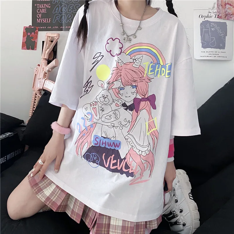 

Purplelano Kawaii Woman Tshirts Japanese Korean Oversized Tshirt Cartoon Long Cute Tops Girls Mid Sleeve Boyfriend Streetwear