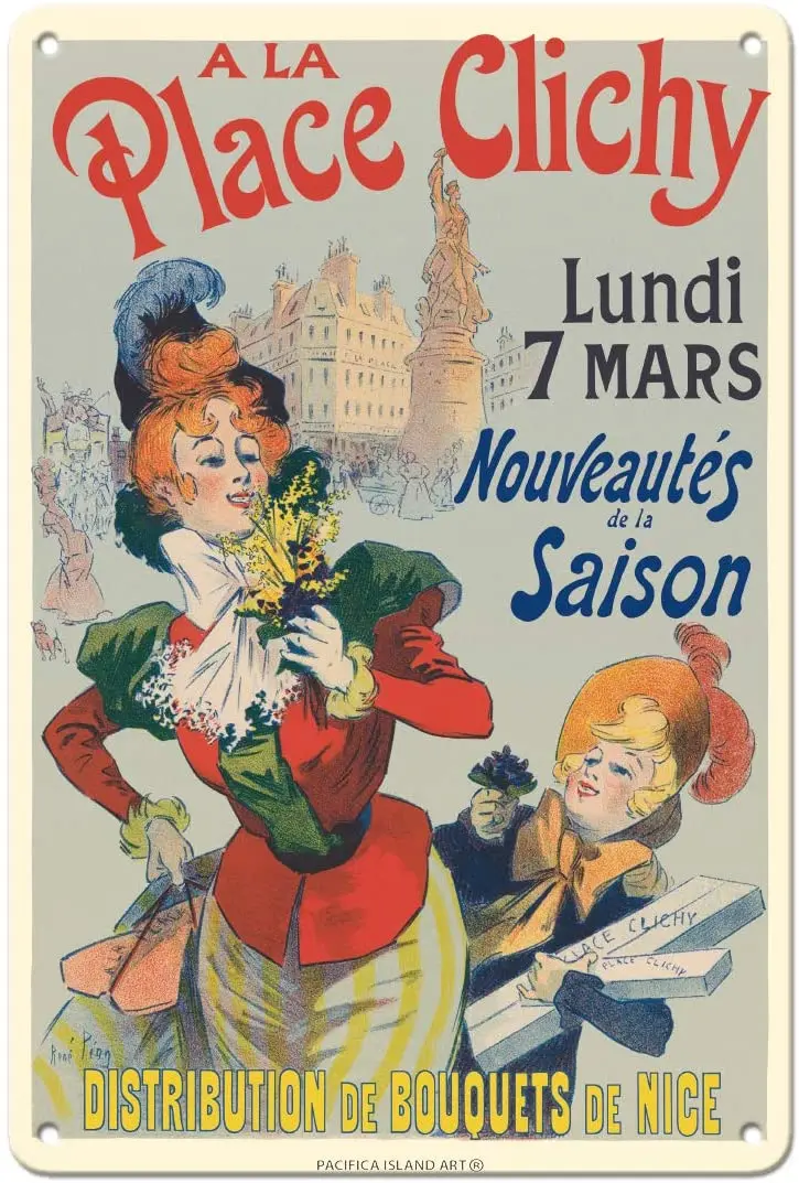 

lsland Art A La Place Clichy Paris, France Nice Flower Bouquets Advertising Poster 1890s - 8in x 12in Vintage Metal Tin Sign