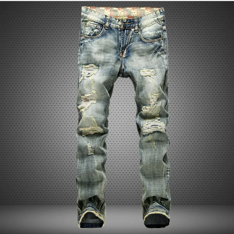Jeans For Men Distressed Ripped Vintage Washed Blue Denim Pants Slim Fit Scratched Pencil Pants Casual Long Trousers Jeans Men