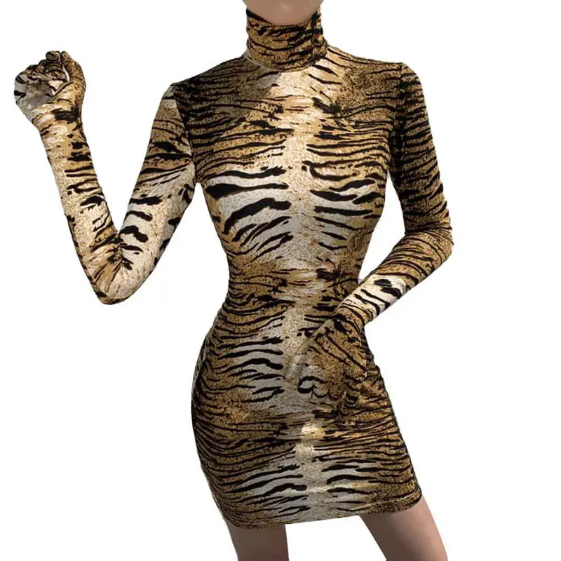 

Women Leopard Print Dress Sexy Wild Clubwear Female Mini Dresses Long Sleeve Turtleneck Tight Vestidos Autumn Fall Slim Top Robe