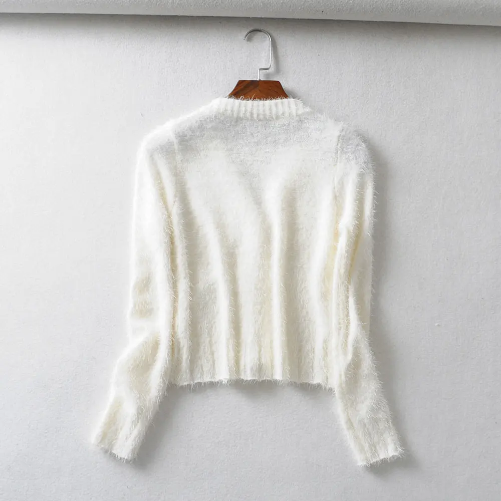 Женский укороченный вязаный свитер с v-образным вырезом на осень и зиму 2019 |