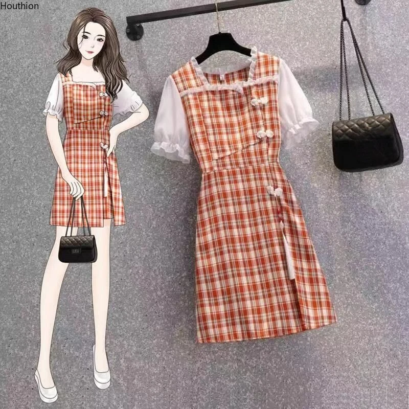 

Женское клетчатое платье Houthion, богемное платье средней длины с коротким рукавом, модный Повседневный корейский стиль, лето, квадратный воро...