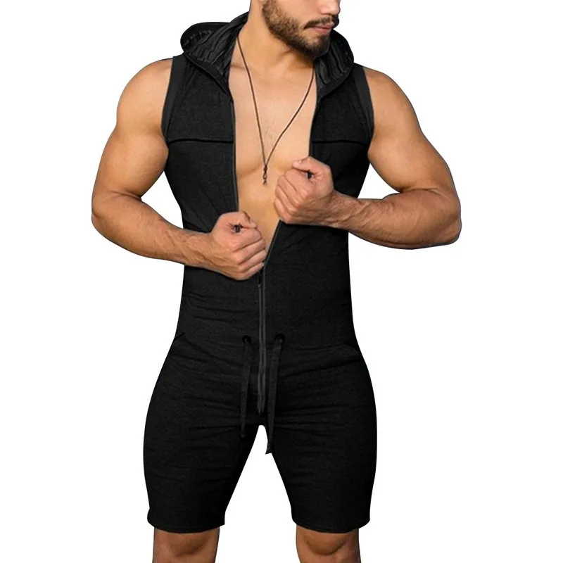 

Summer Casual Men Tight Fitness Jumpsuit Zipper Sleeveless Hooded Romper Pockets Pants