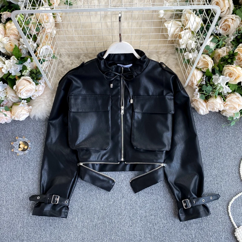 

Autumn Leather Jacket Women 2021 Vintage Black Pu Short Overcoat Female Motorcycle Casual Loose Punk Leather Coat Ladies
