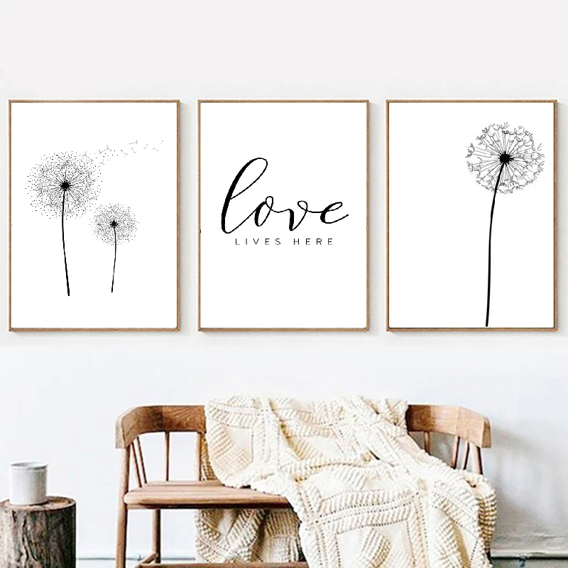 Одуванчик печати черный и белый Минималистский Плакат Любовь картина с цитатой