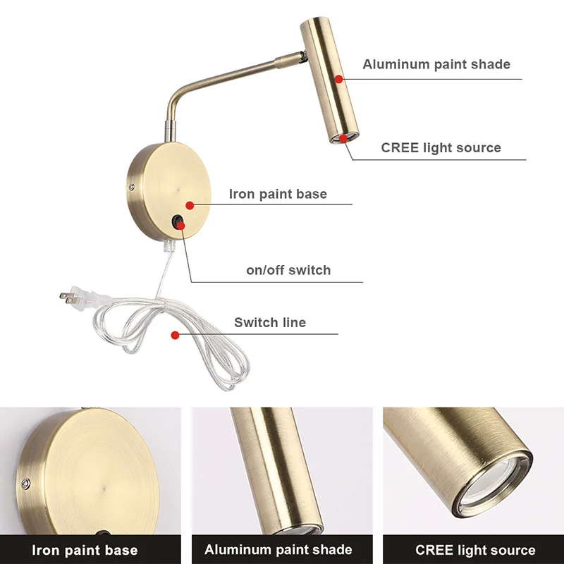 Светильник для чтения с вилкой настенный минималистичный направленный