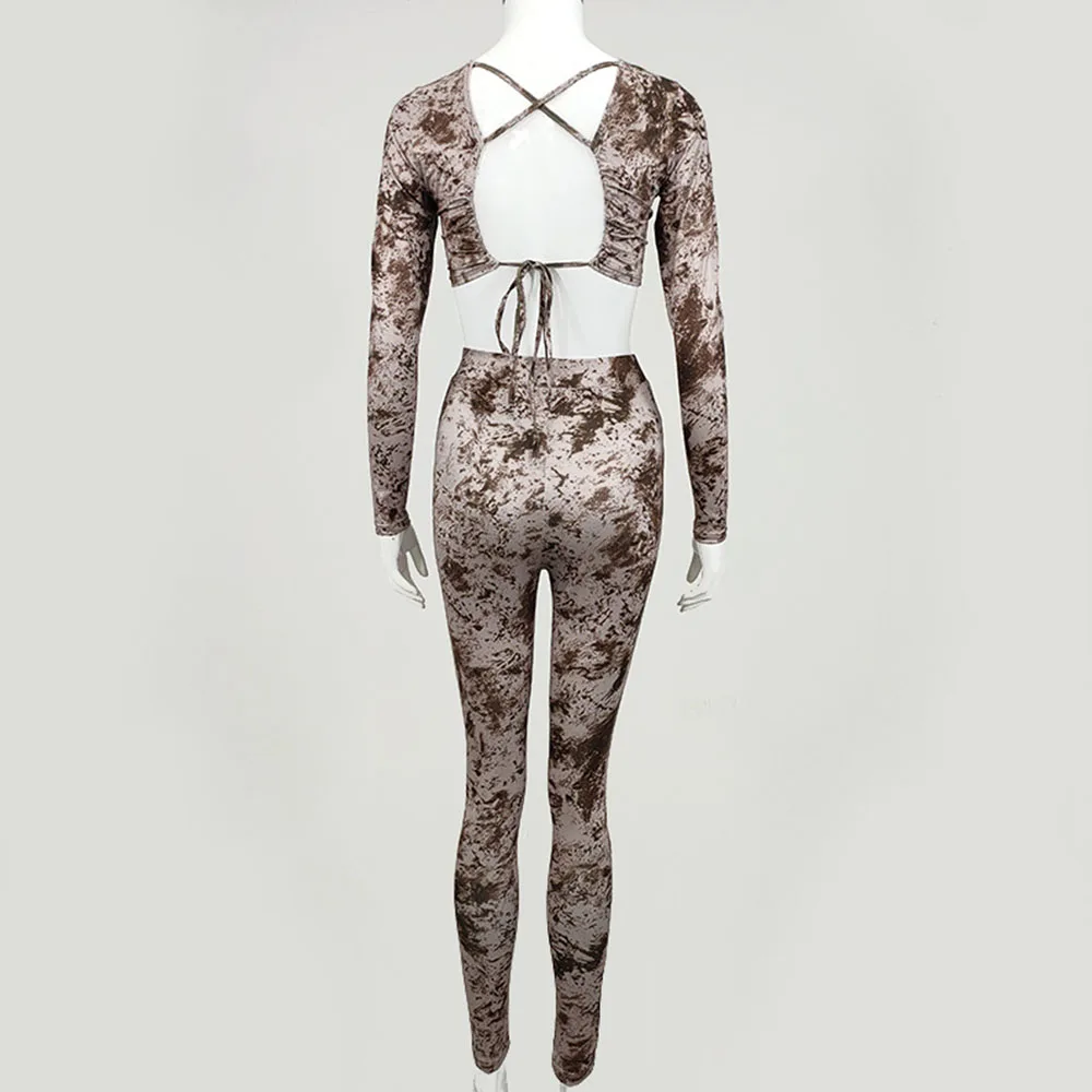 

Women Fashion Printed Yoga Pants Set Trendy Two-Way Crop Top Skinny Outfits Ladies Backless Long Sleeve Two Piece Jogging Suit