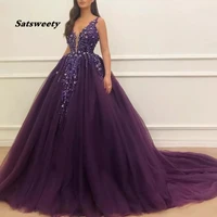 deep purple sleeveless crystals beaded ball gown prom dresses 2022 vestidos de gala deep v neck prom gown long