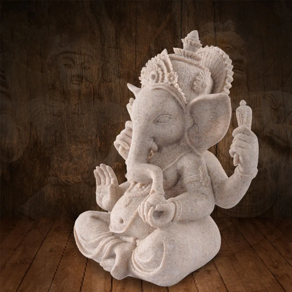 

9.5cm(3.74") Tall Indian Ganesha Statue Fengshui Sculpture Natural Sandstone Craft Figurine Home Desk Decoration Ornament Gift