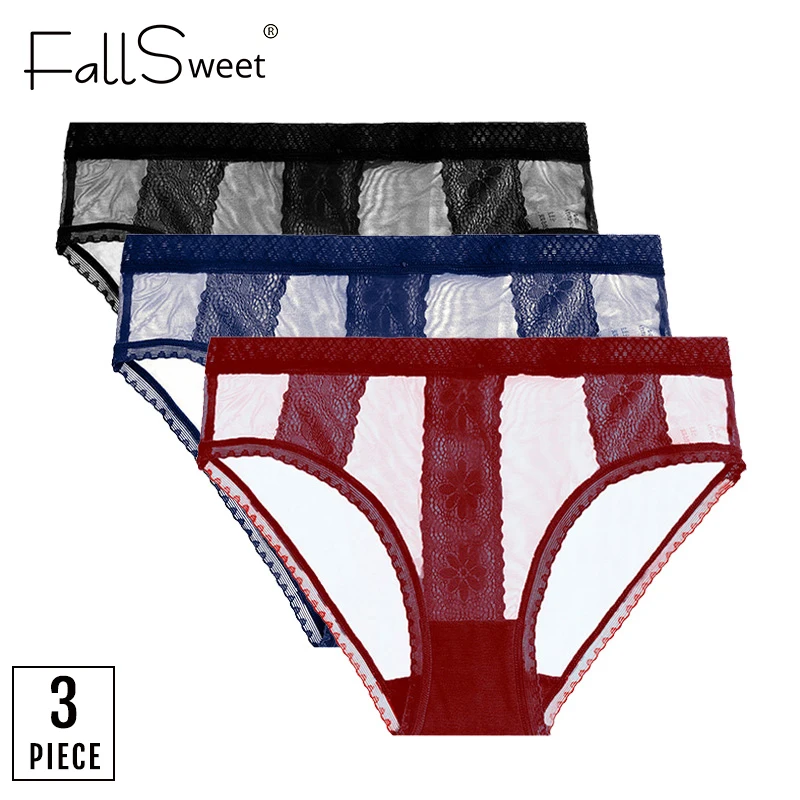 Женские кружевные трусы FallSweet, сексуальные ультратонкие трусы, 3 шт./партия, нижнее белье большого размера 4XL