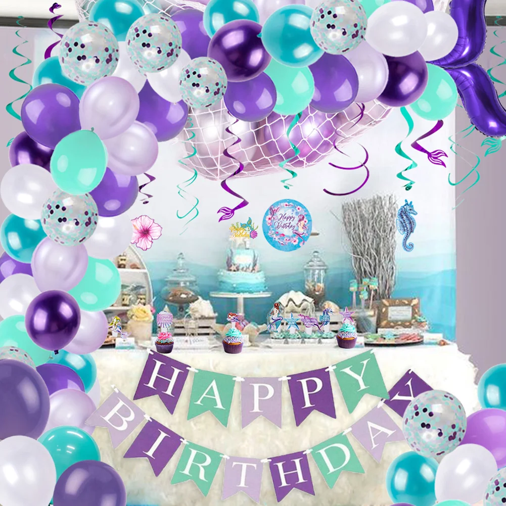 

Mermaid Balloons Garland Girl Birthday Party Decoration Happy Birthday Banner Mermaid Cake Topper Set Wedding Baby Shower Decor