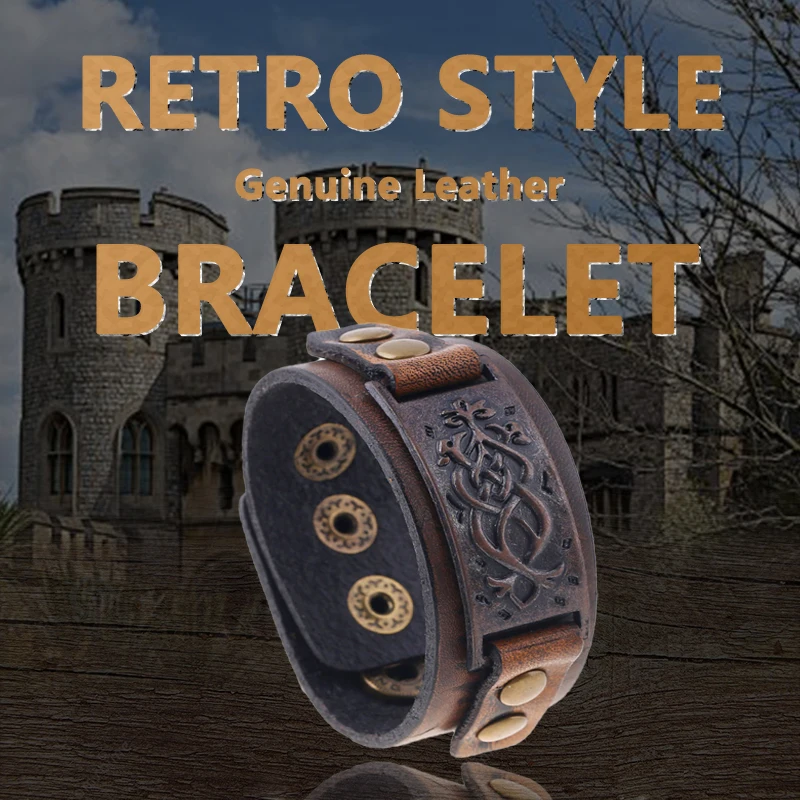 

Vintage Men's Brown Genuine Leather Totem Bracelet 2.3CM Punk Styles Wrap Bracelets Bangles 2020 Fashion Male Jewelry Gifts