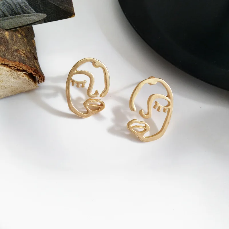 

925 Silver Needle Stud Earring Personalilty Design Gold Color Metal Cute Face Earrings For Women Fashion Accessories Jewelry