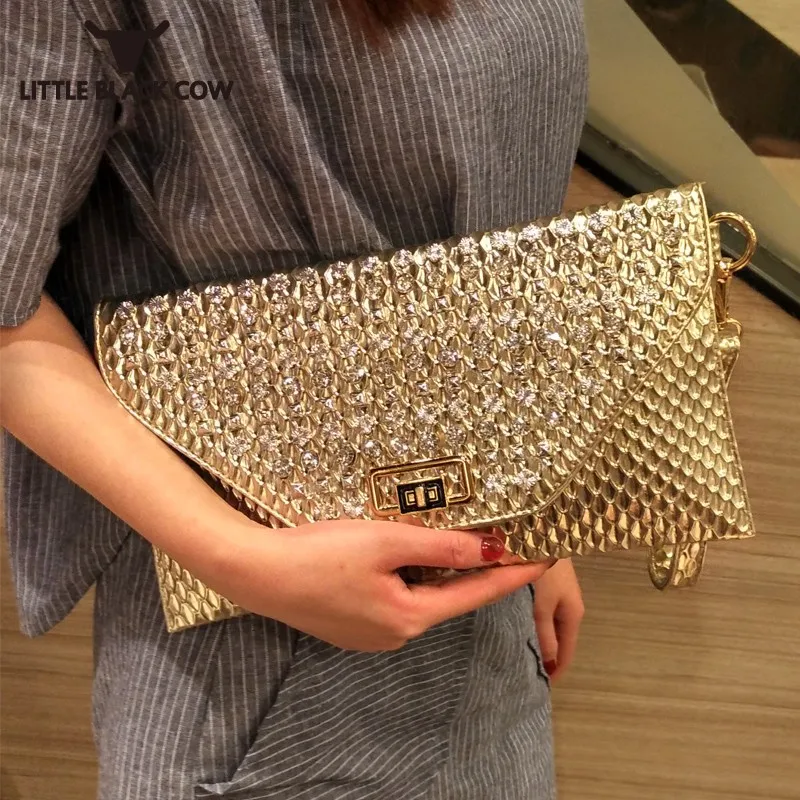 Модный вечерний клатч женская новая сумка конверт роскошные золотые бриллианты