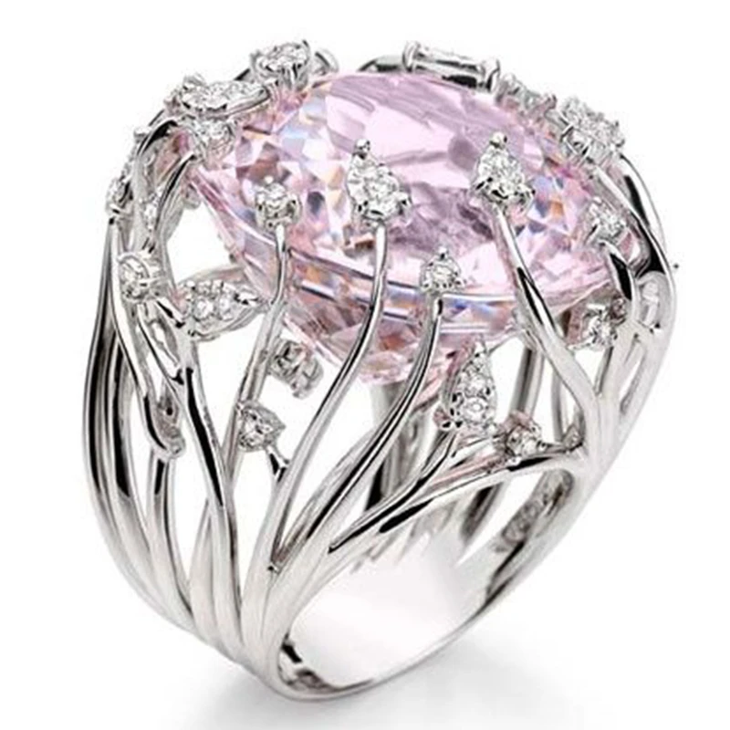 

New Design Pink Crystal Zircon Rings for Women Exaggerated Branch Shaped Big Stone Charm Engagement Wedding Rings Jewelry