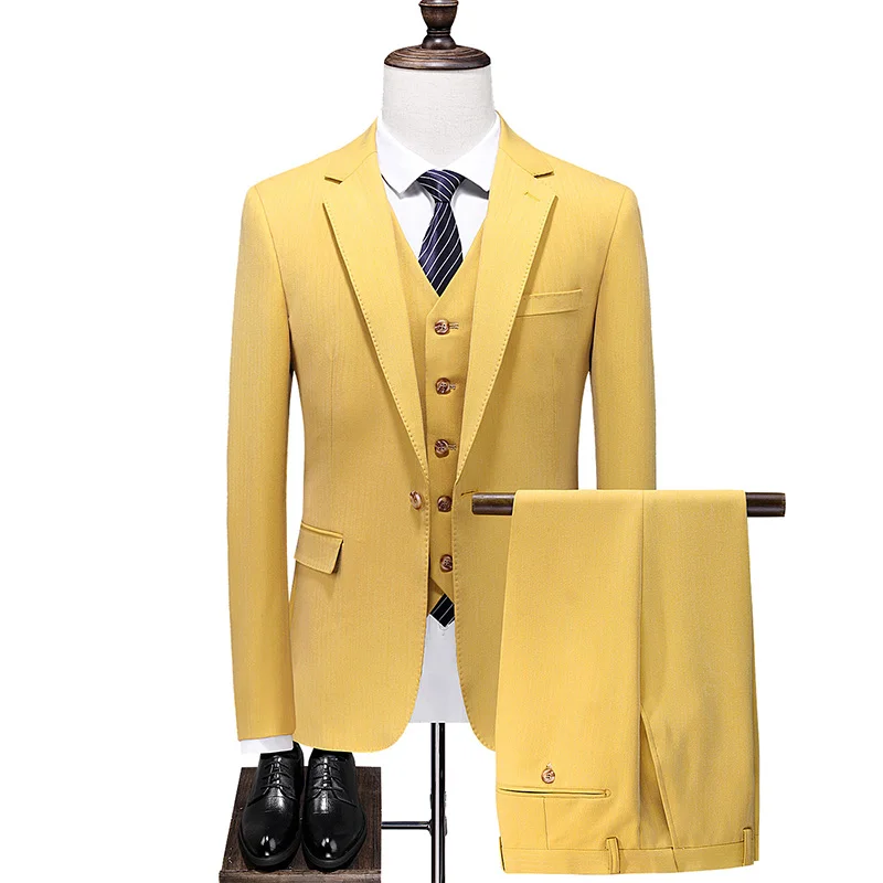 

Luxury male business Mariage suit 3-PCS suit groom wedding suit tuxedo yellow Blazers Jacket Pants Vest Trousers Dress Waistcoat