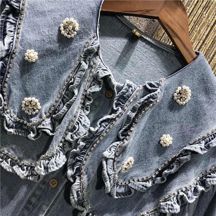 

New Retro Lace Lapel Rhinestone Beaded Court Lantern Sleeve Thick Denim Shirt Women's Denim Blouse