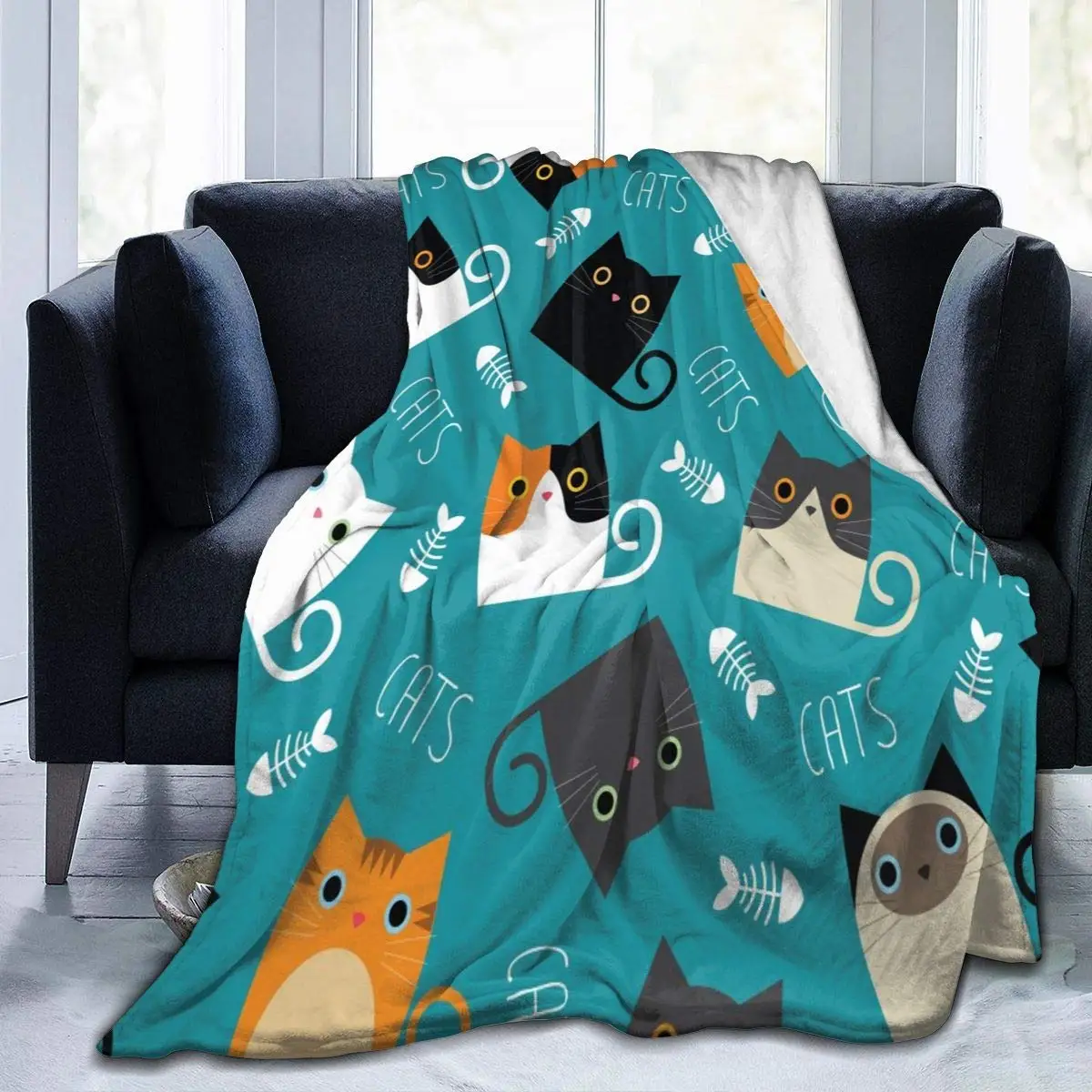 

Flannel Blanket Turquoise Cartoon Cute Cat Lightweight Cozy Bed Blanket Soft Throw Blanket Fits Couch Sofa Suitable for All