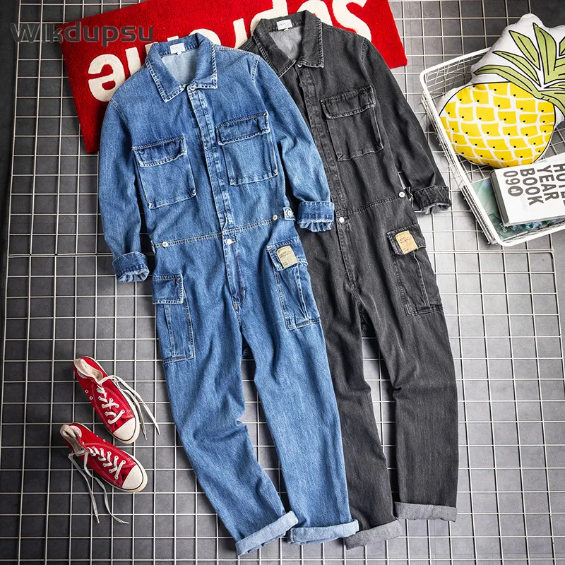 Denim Jumpsuits Overalls For Men Jeans Pants Long Sleeve Fashion Hip Hop Men's Multi Pocket Vintage Black Blue Streetwear Romper