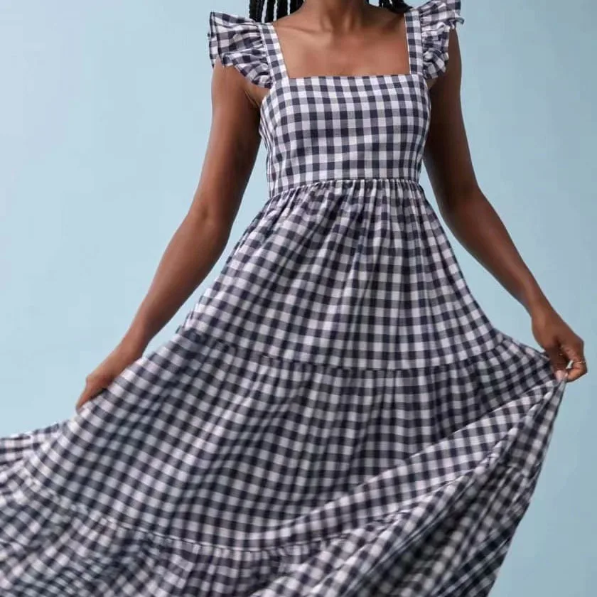 

DUISNENA boho dress summer strap women dresses black white plaid ruffled sleeveless robe sexy backless mujer vestidos